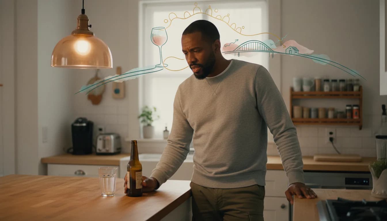 Adult hesitates over an open beer bottle at a kitchen table, reflecting the self-medication patterns that link ADHD and alcohol use.