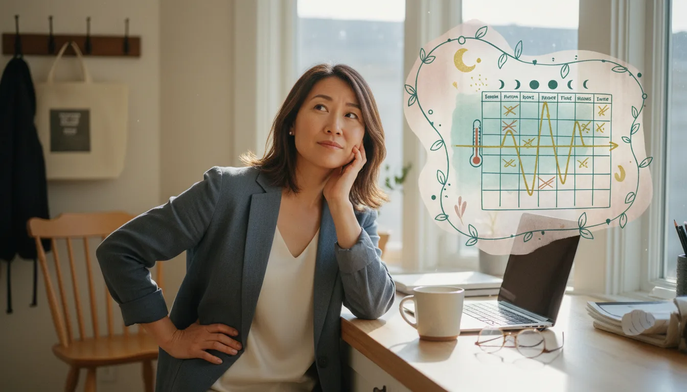 Woman in her late 40s writing on a wall calendar beside a glass of water and reading glasses.