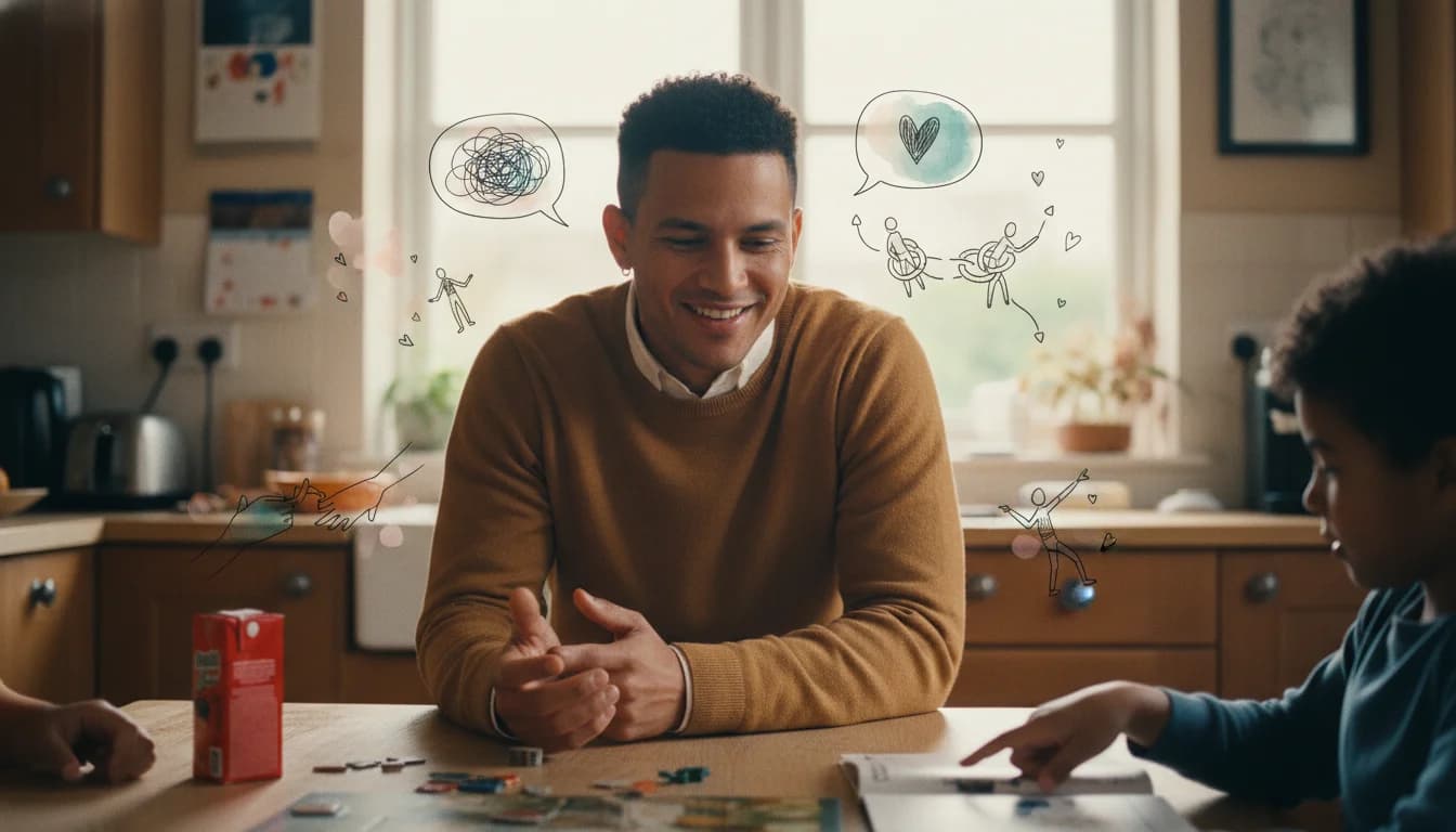 A couple sitting at a kitchen table with a shared whiteboard calendar in the background, one partner writing a note while the other pours coffee.