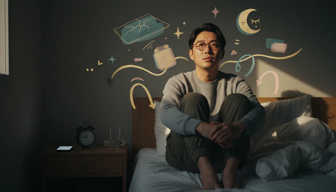 Adult lying awake at night with phone glow on the ceiling and a bedside alarm clock showing 1am.