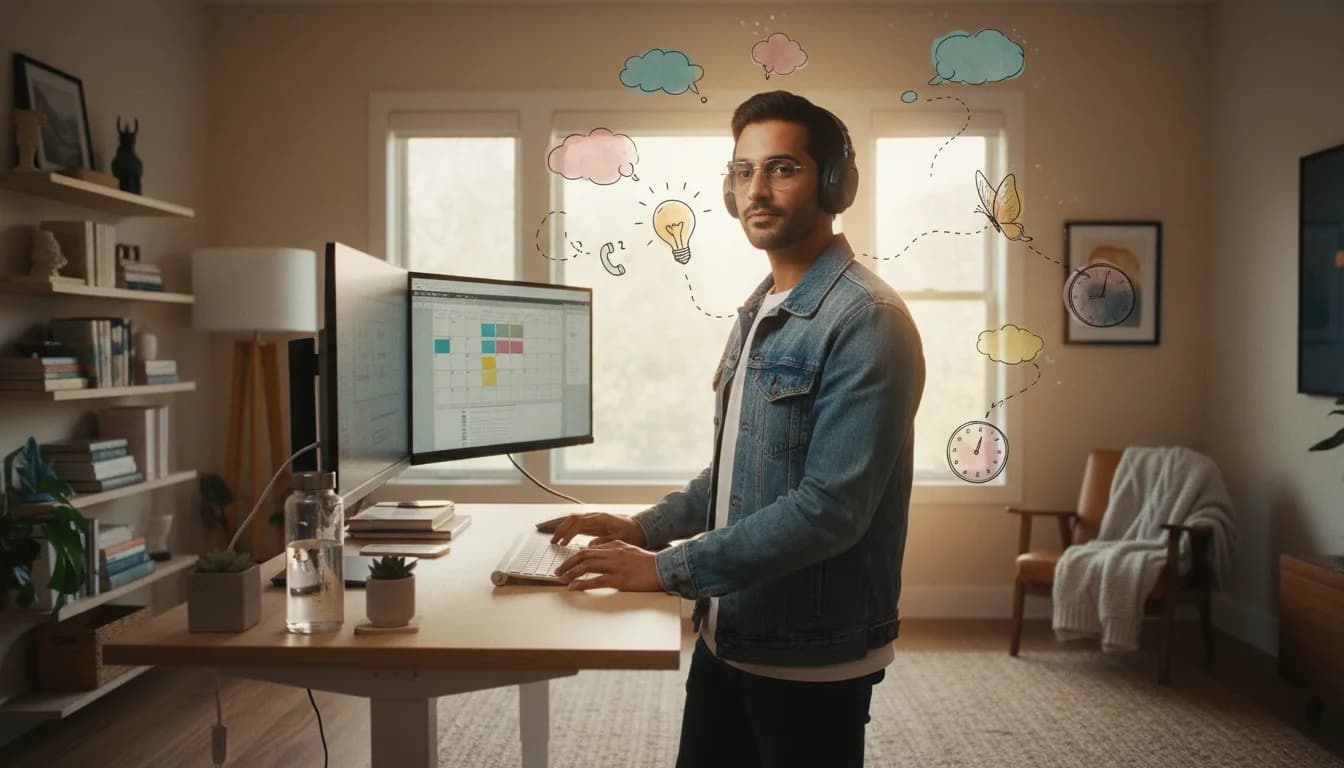 Adult at an open-plan desk with noise-cancelling headphones and a visual timer, using ADHD-friendly focus tools during a work sprint.