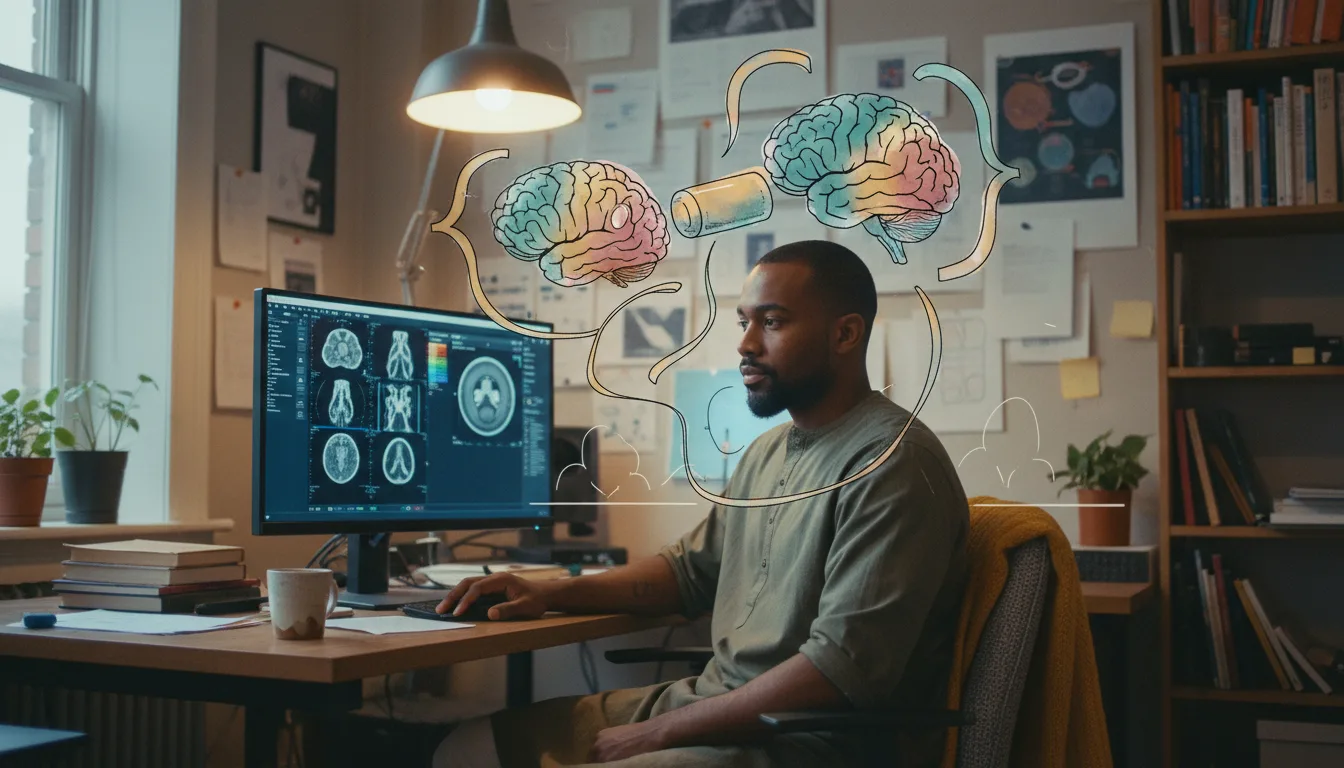 A radiologist reviewing several fMRI and structural MRI images side by side on a large high-resolution monitor inside a neuroimaging research lab.