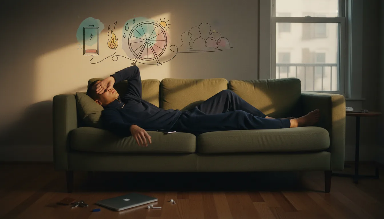 Exhausted adult lying on a couch with one arm draped over their eyes and a laptop slid onto the floor, depicting the overlap of ADHD fatigue and burnout.