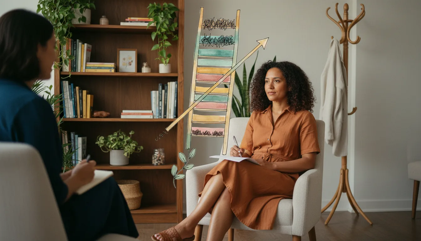 An adult client and therapist sitting across from each other with a filled thought-record worksheet and a weekly planner on the table between them.