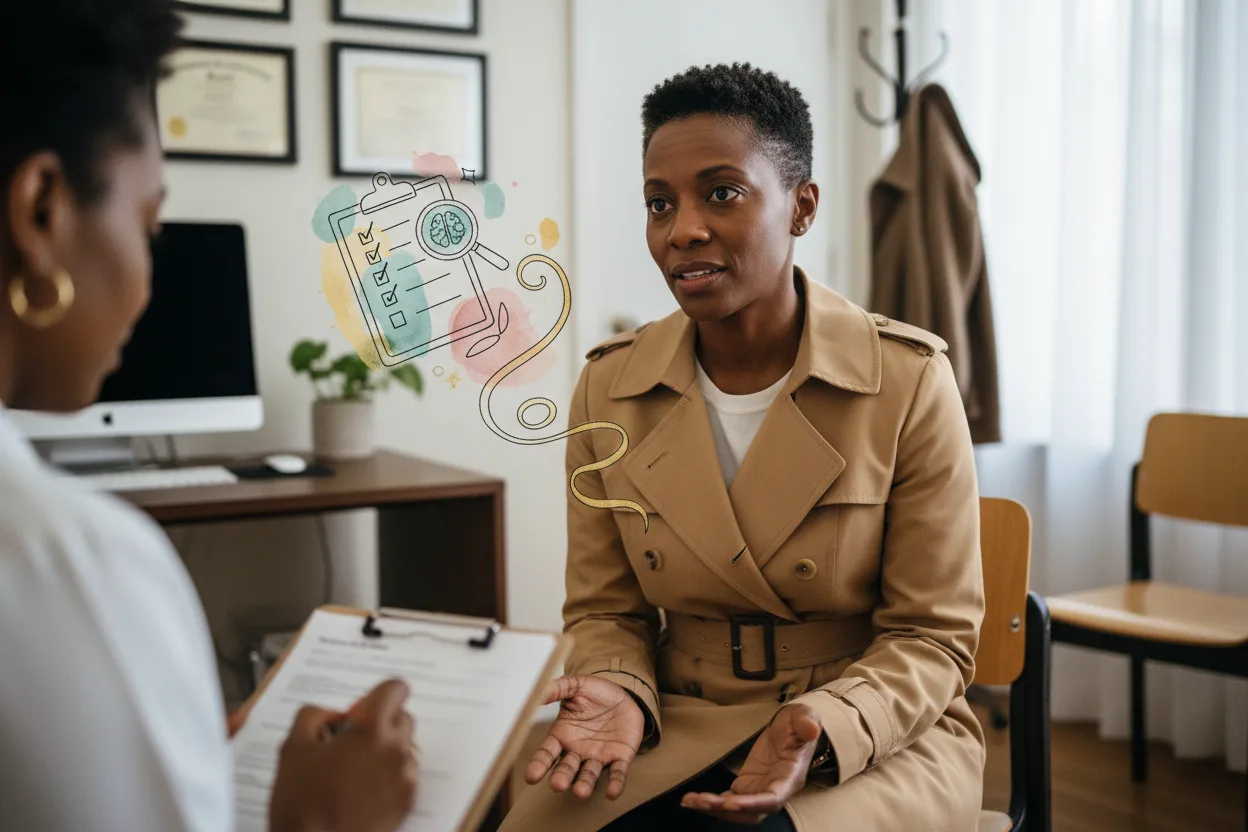 ADHD diagnostic interview with clinician taking notes.