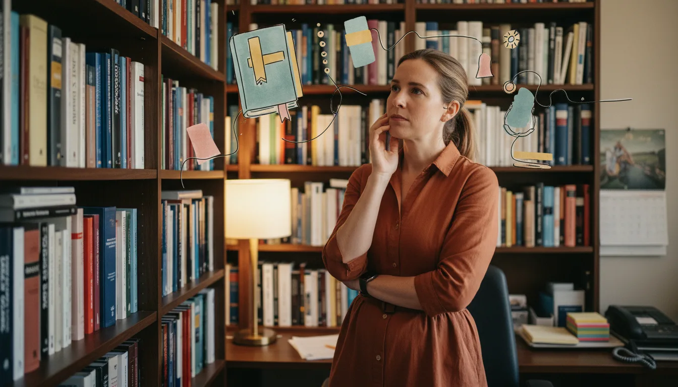 Clinician reaching for the DSM-5 manual on an office shelf while an ADHD symptom checklist sits on the desk.