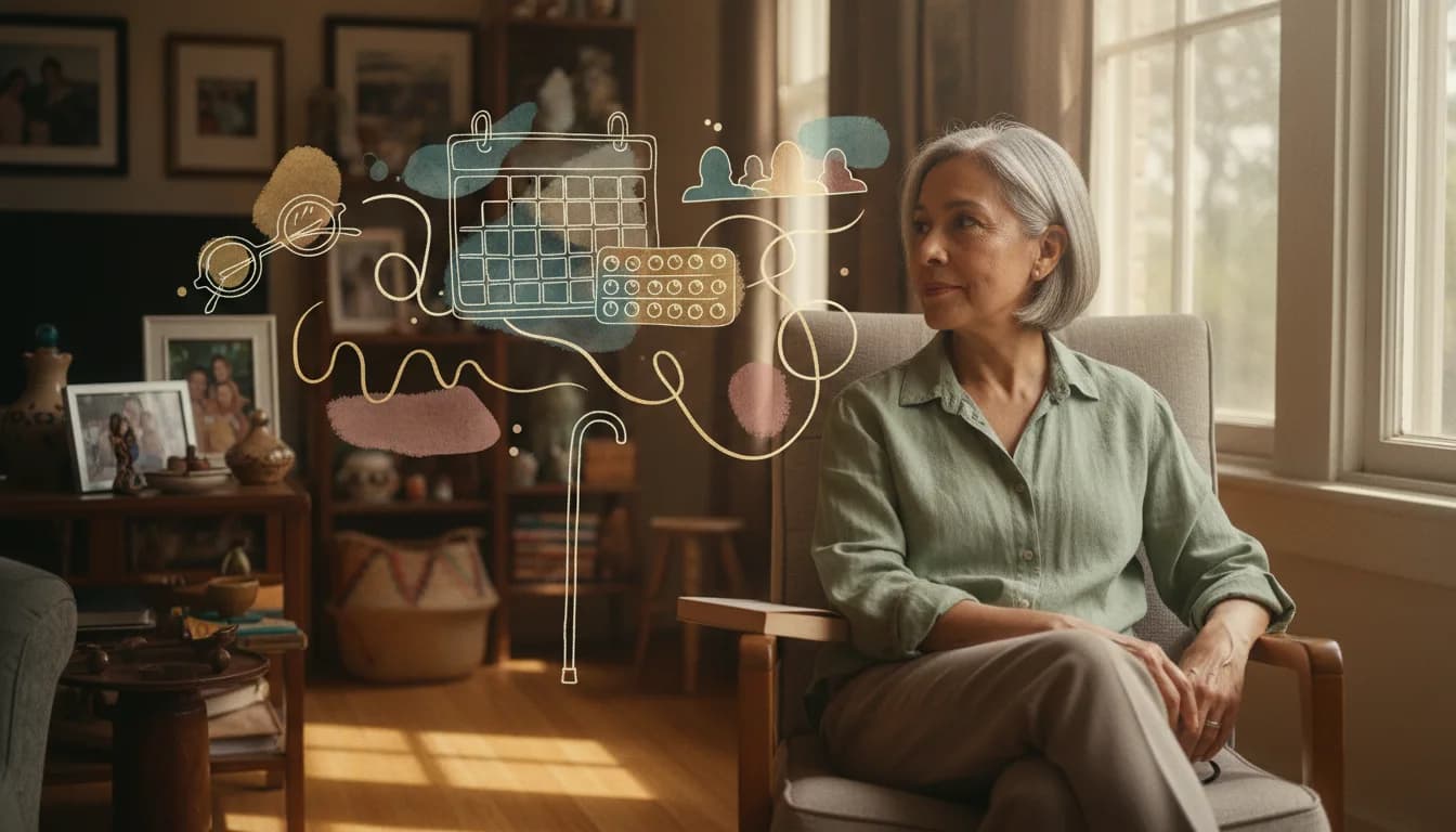 Older adult sits by a window with a forgotten notebook and reading glasses, illustrating late-life ADHD symptoms often mistaken for cognitive decline.