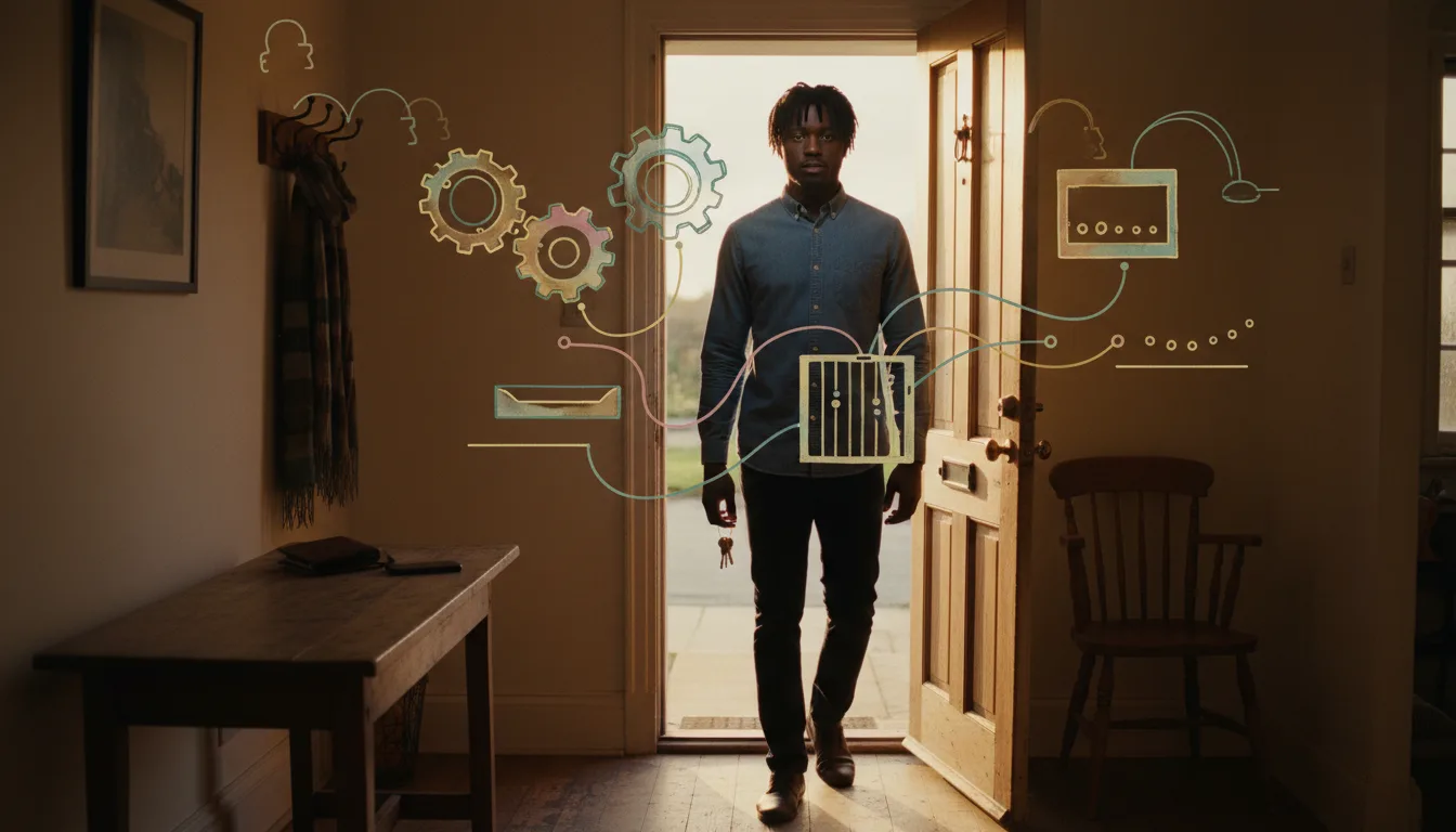 Adult with ADHD frozen in a doorway with keys in hand, trying to remember whether to leave or return for a forgotten task.