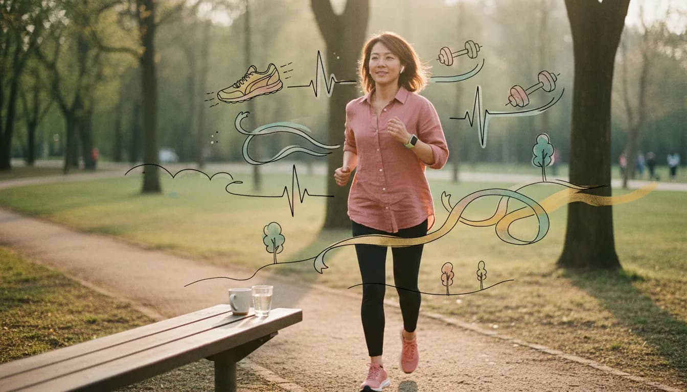 Adult with ADHD mid-run on a golden-hour trail, using steady aerobic exercise to sharpen focus and regulate mood.