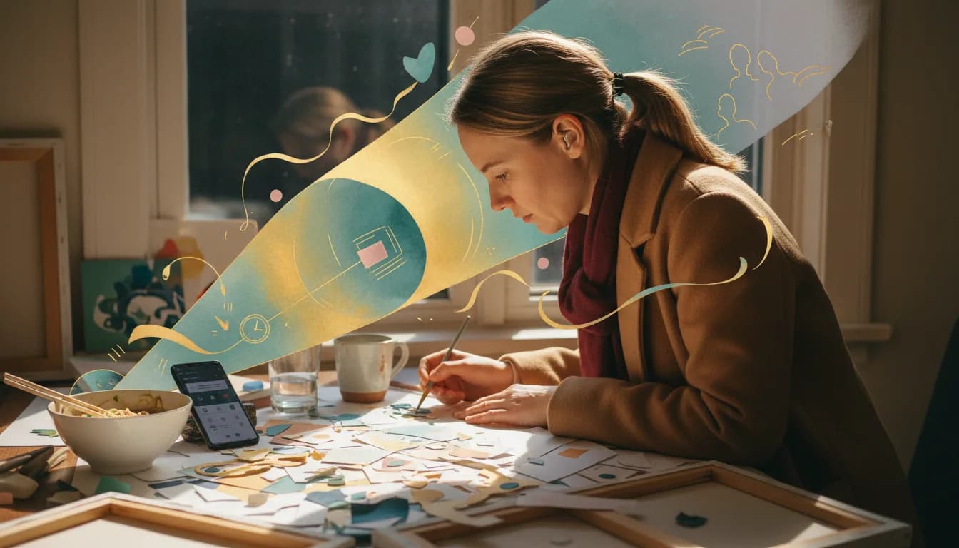 A desk scene with an open laptop, an untouched sandwich pushed to the side, a cold coffee mug, and a phone face-down with several unread messages.