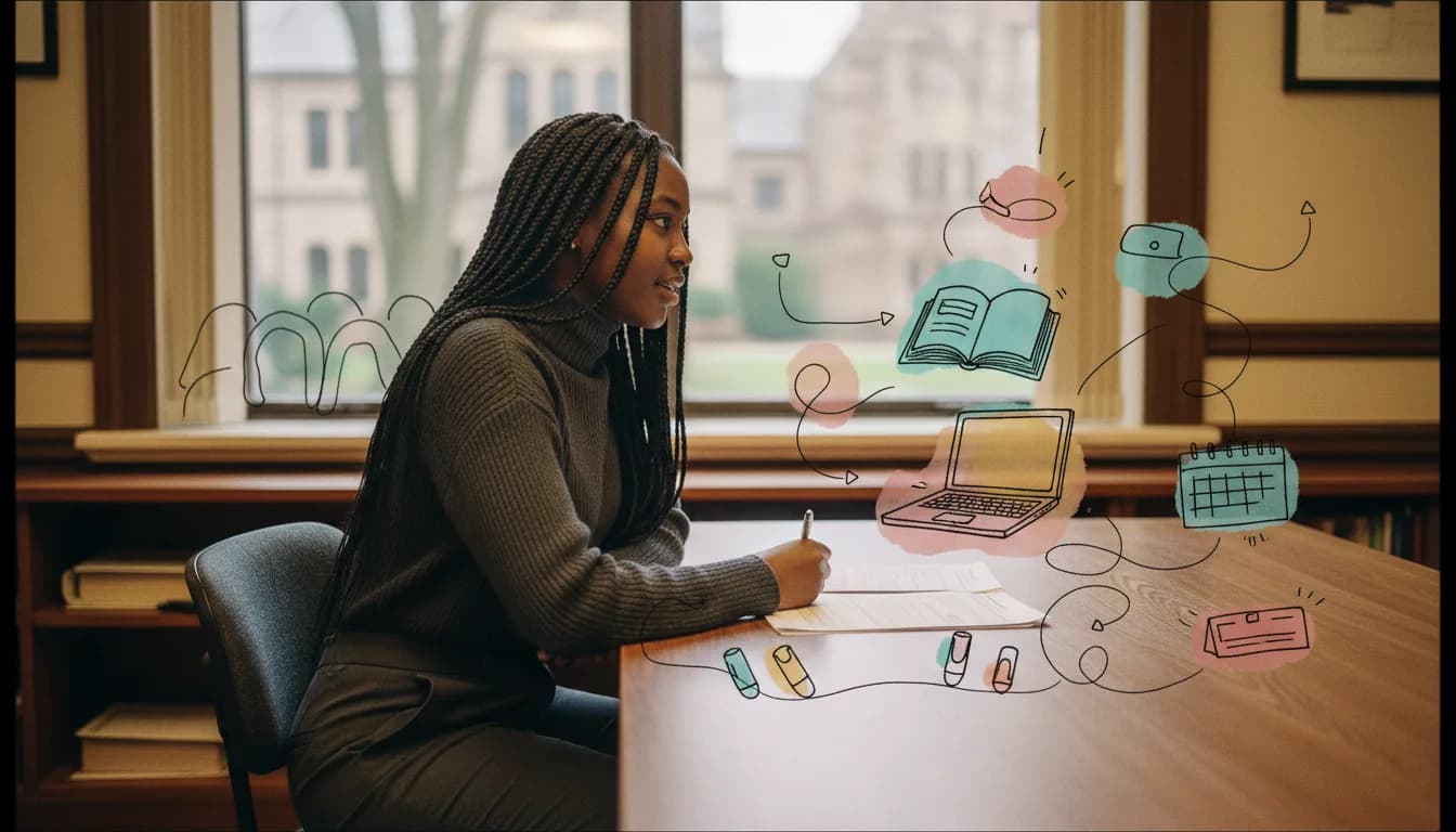Undergraduate student meeting with a campus disability services advisor across a desk to discuss extended test time and note-taking accommodations for ADHD.