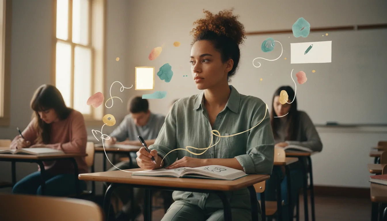 A classroom view from behind a student at their desk tapping a pencil while their open textbook lies ignored and other students raise hands in front.