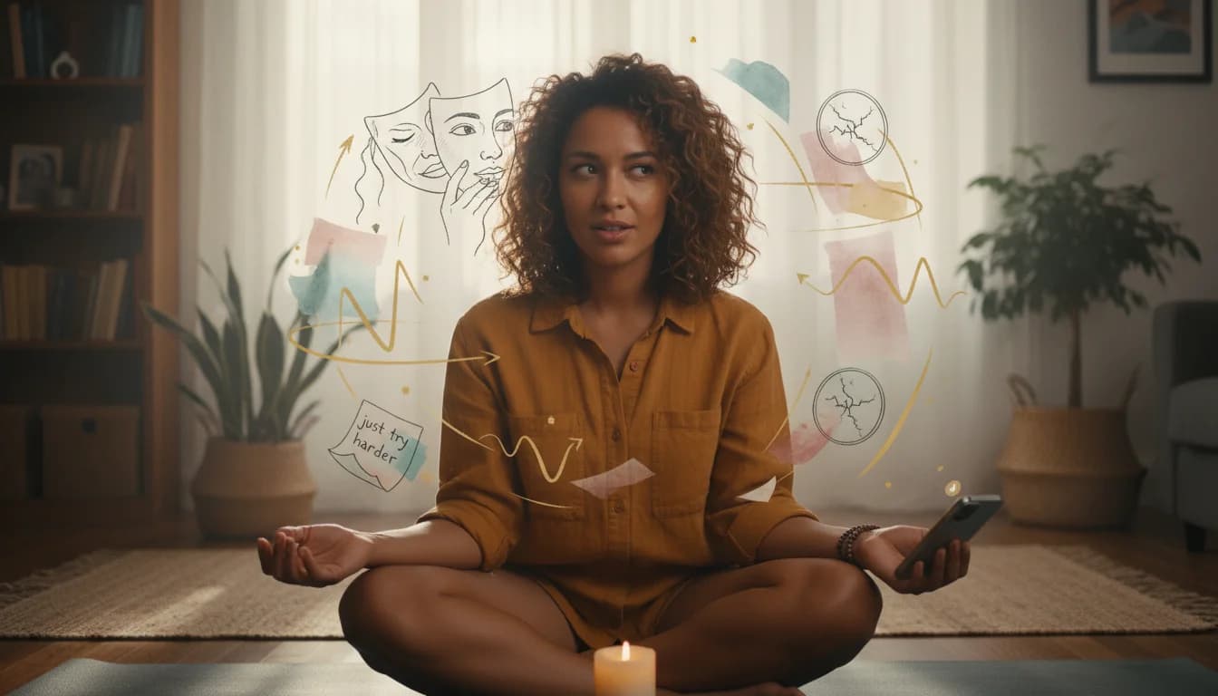 A woman in her late thirties sitting at a kitchen table surrounded by sticky notes, a laptop open to a symptom tracker, and a handwritten to-do list.