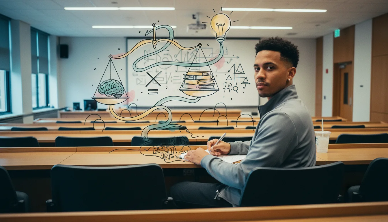 Adult reviews scattered lecture notes with flagged ideas and doodles, illustrating how ADHD executive function struggles coexist with strong reasoning.