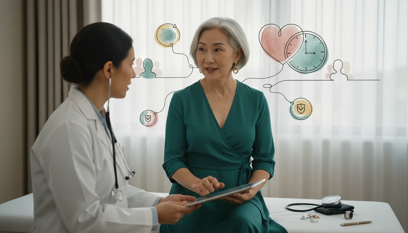 Adult in their forties sitting across from a primary care clinician reviewing blood pressure and lifestyle notes during a preventive health check for ADHD.