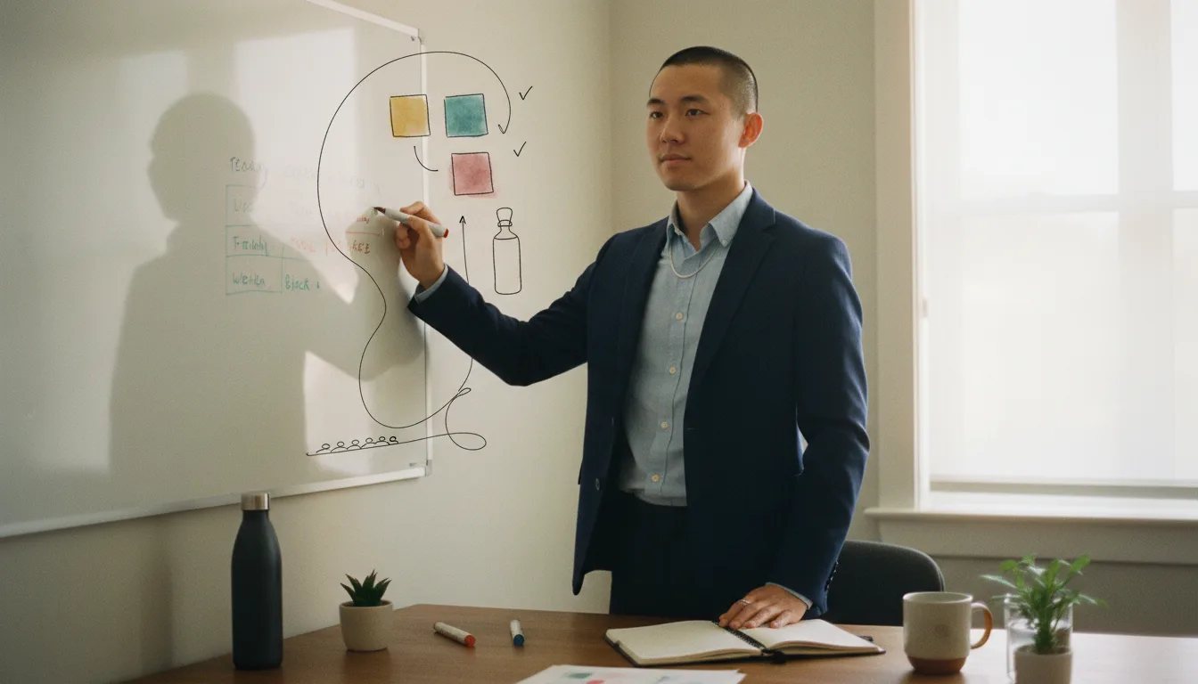 Color-coded weekly whiteboard planner beside a visual timer and hook for keys, showing external systems that replace ADHD willpower-based planning.