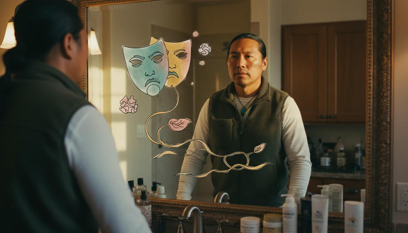 Adult composing a calm face in a mirror before a meeting while notes and reminders pile up behind them, illustrating the hidden effort of ADHD masking.