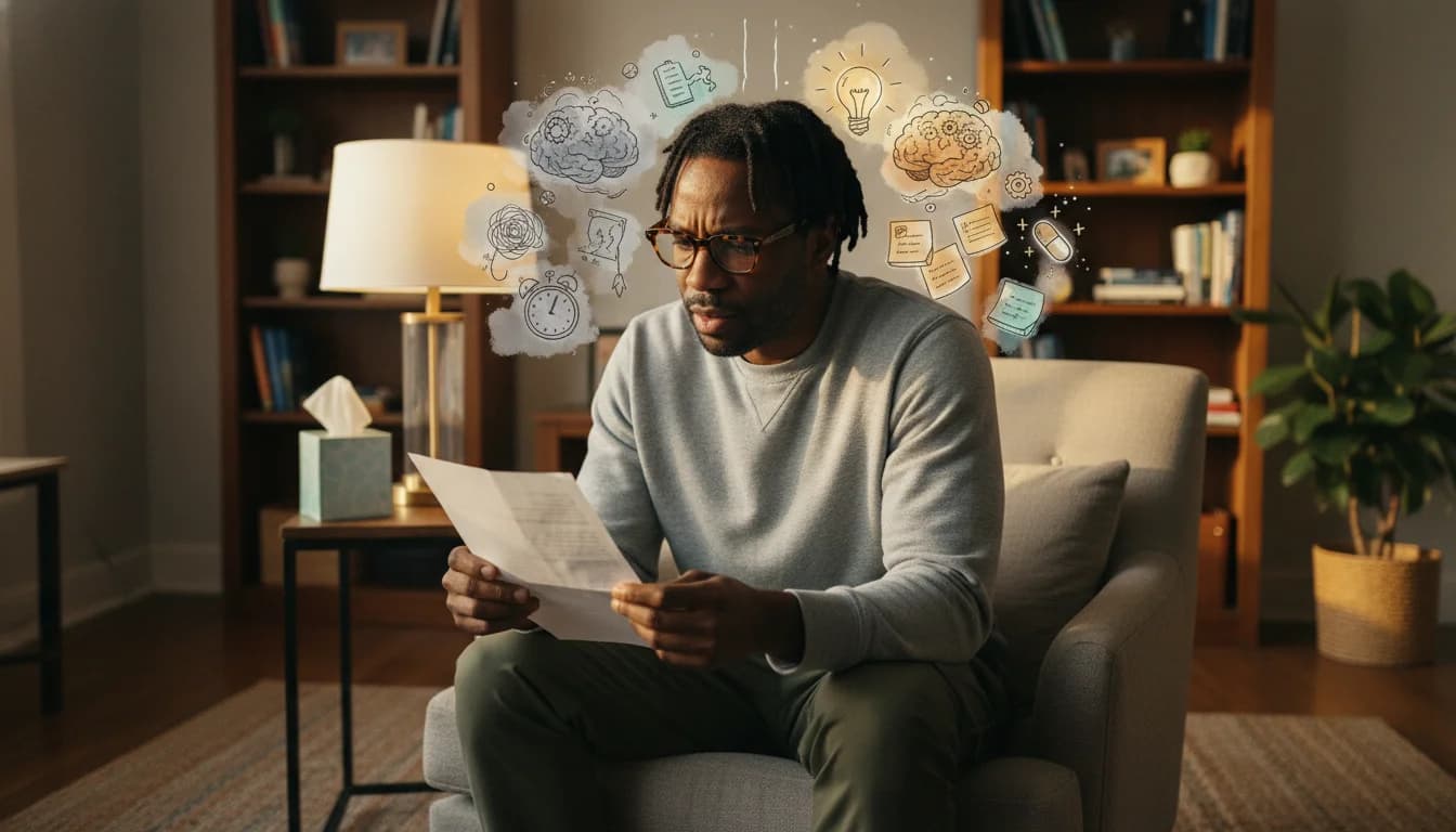 Adult reviewing an ADHD medication leaflet beside a water glass, checking common stimulant side effects like appetite loss and sleep changes.