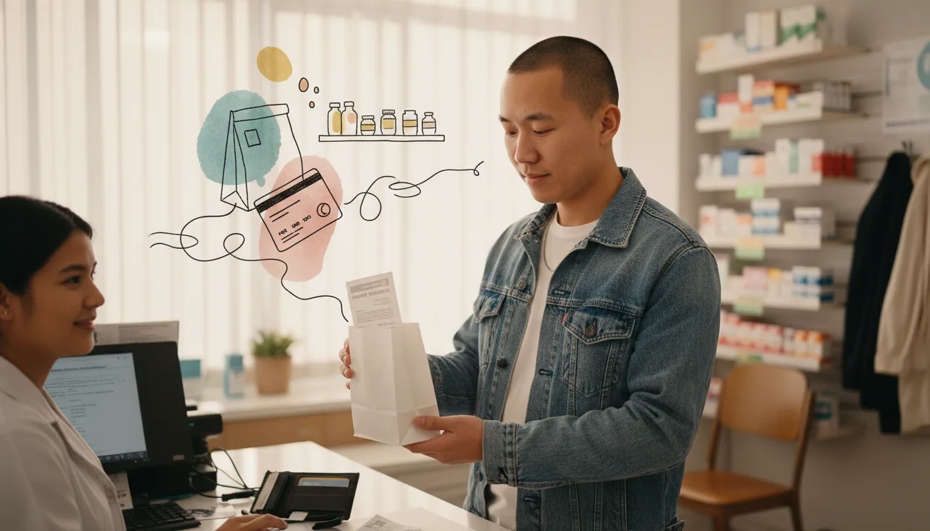 A pharmacist handing a paper bag across a counter containing an ADHD prescription bottle, with a printed information leaflet clipped to the front.