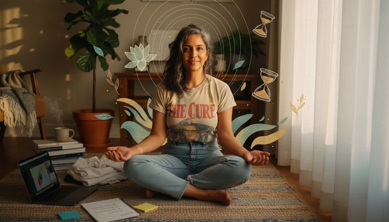 Adult sits on a cushion with eyes closed and a timer on a side table, practicing a short ADHD-adapted mindfulness meditation at home.
