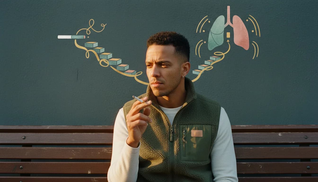 Adult pausing with an unlit cigarette between fingers, staring out of a window at dusk.