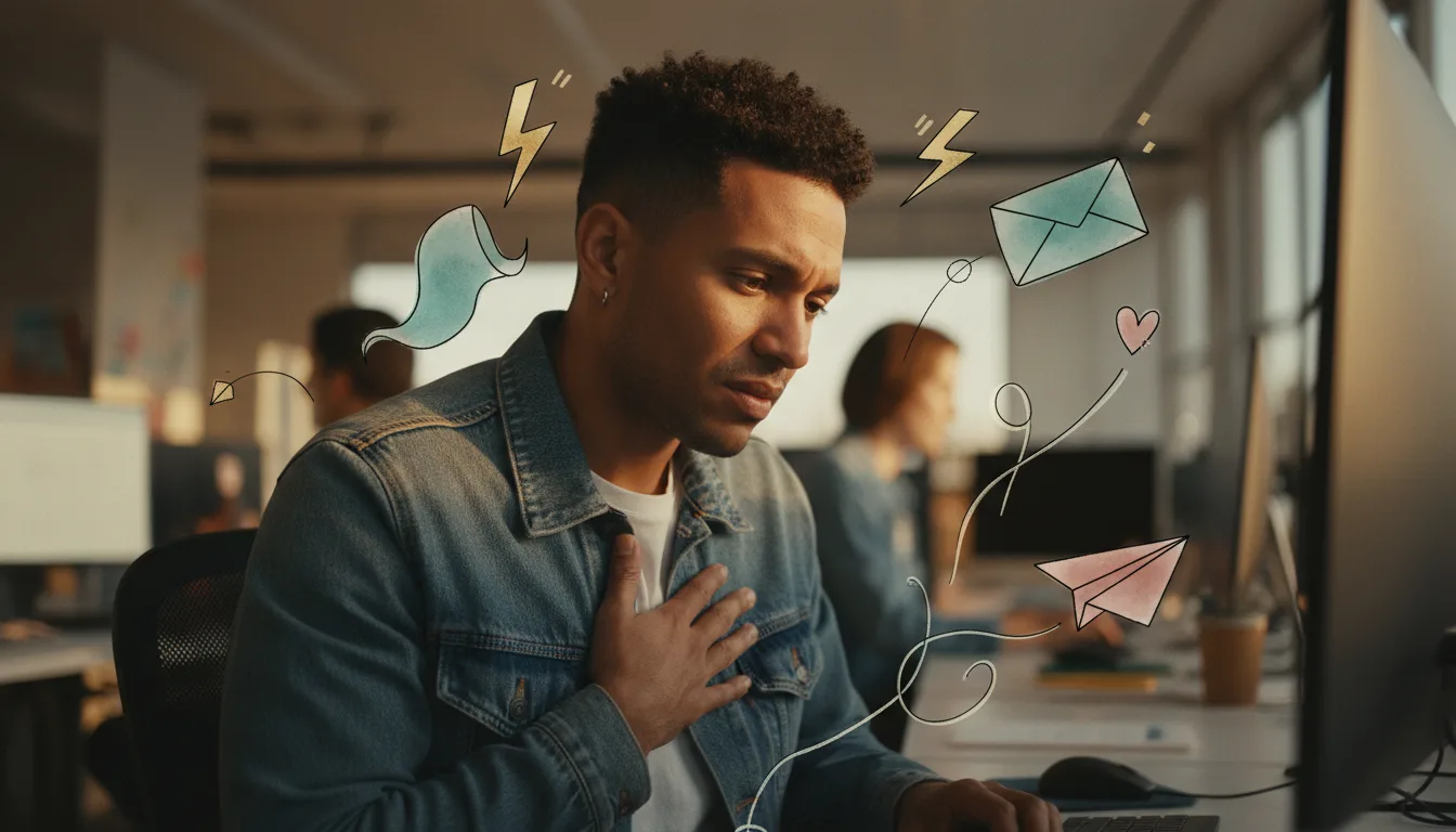 Adult with hand pressed against chest, visibly crestfallen while reading a terse email on a laptop during a rejection-sensitive dysphoria moment.