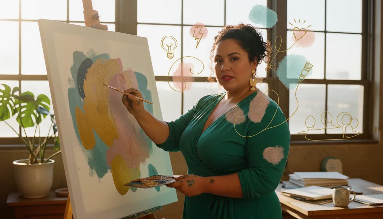 Adult with ADHD painting intently in a sunlit studio surrounded by unfinished canvases, illustrating how creativity and hyperfocus can become durable strengths.