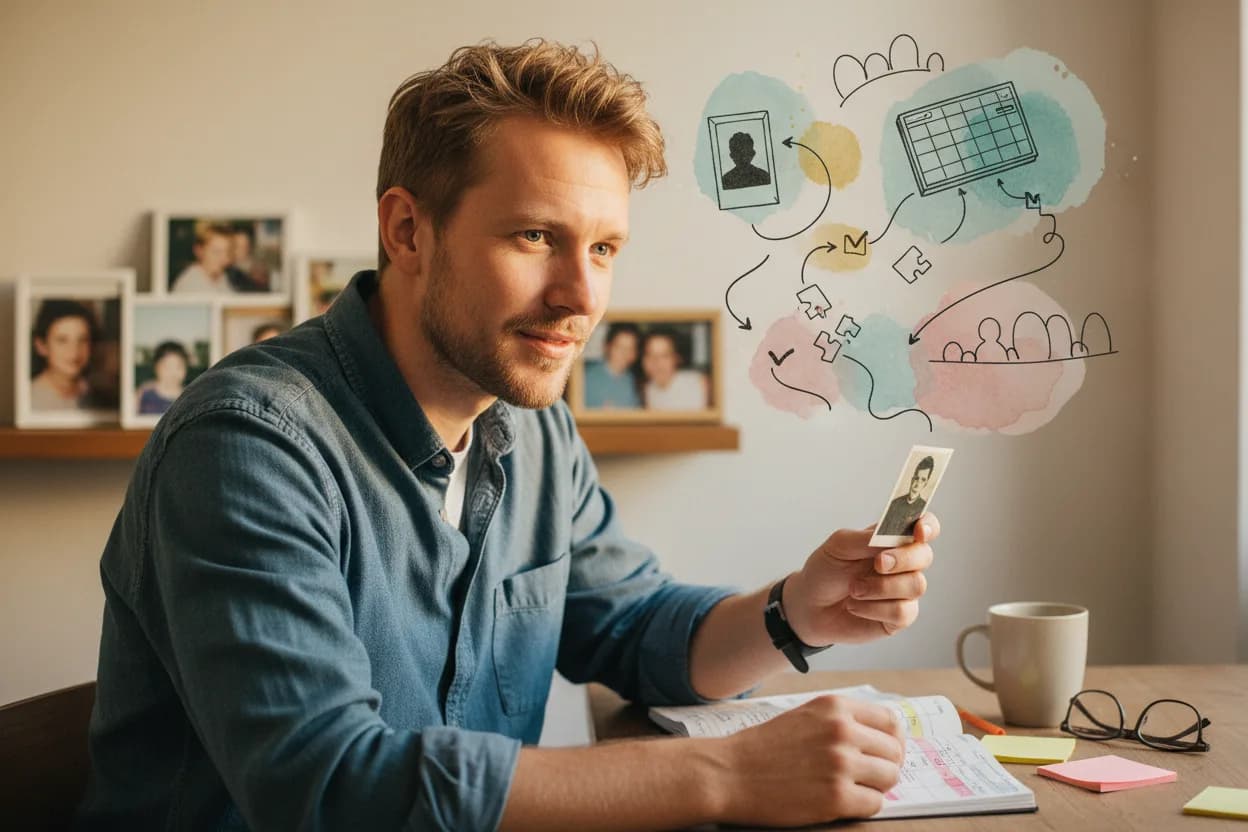 ADHD symptoms in adults shown through childhood photos and a planner.