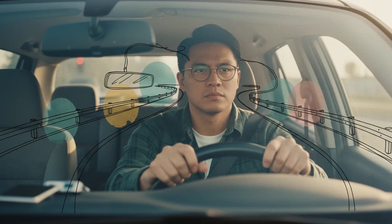 Driver's hands gripping a steering wheel with a phone face-down on the passenger seat and a navigation app visible on the dashboard.
