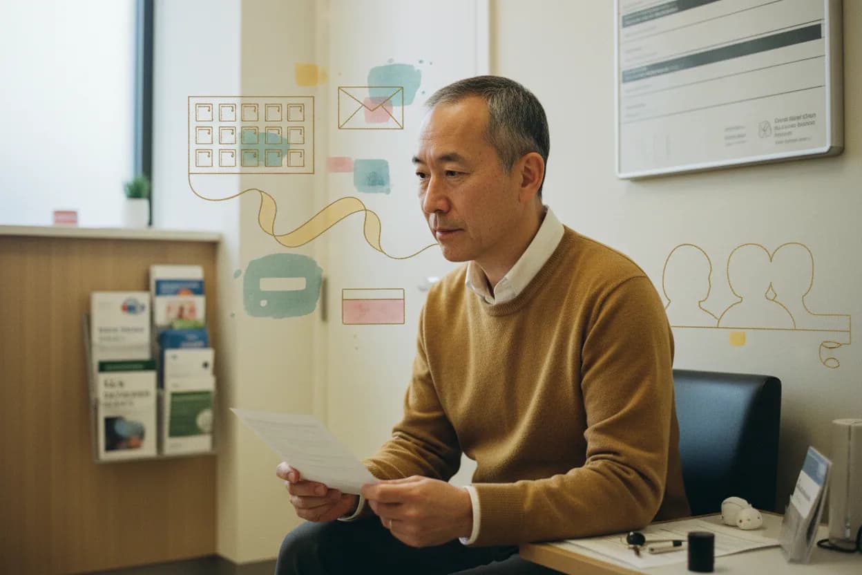 ADHD referral letter in hand at a specialist waiting room.