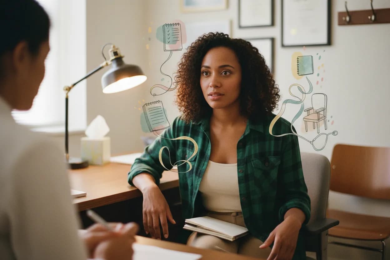 First ADHD appointment, asking questions from a notepad.