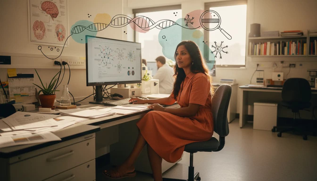 Close-up of a lab monitor displaying synaptic pathway data and chromosome 13 genetic mapping used in Homer1 attention research.