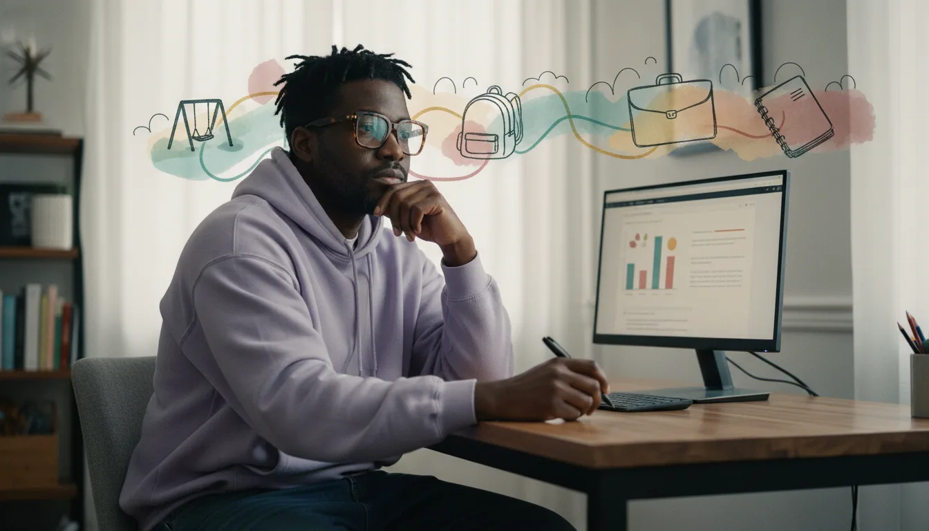 Adult drifts out of focus during a long work presentation while a colleague takes notes, illustrating how childhood hyperactivity becomes adult inattention.