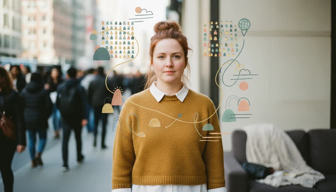 Street-level crowd with most faces slightly blurred and one adult in the middle in sharp focus, illustrating how adult ADHD hides within everyday populations.