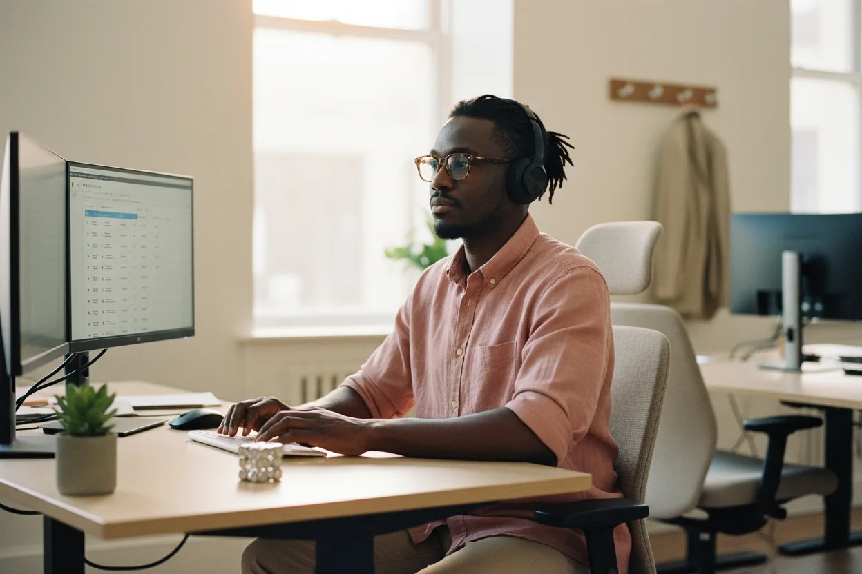 ADHD workplace accommodations: headphones, task list, fidget tool.