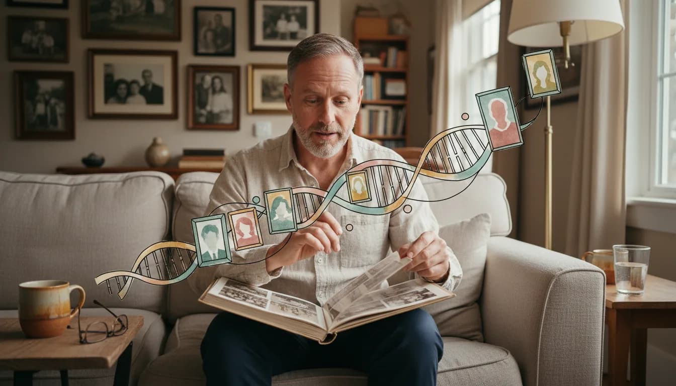 Family photo album tracing inherited ADHD traits across generations.