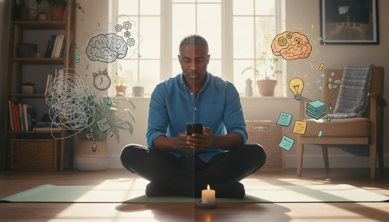 Adult therapist and client review an ADHD coaching workbook next to running shoes and a meditation cushion, showing CBT, exercise and mindfulness together.