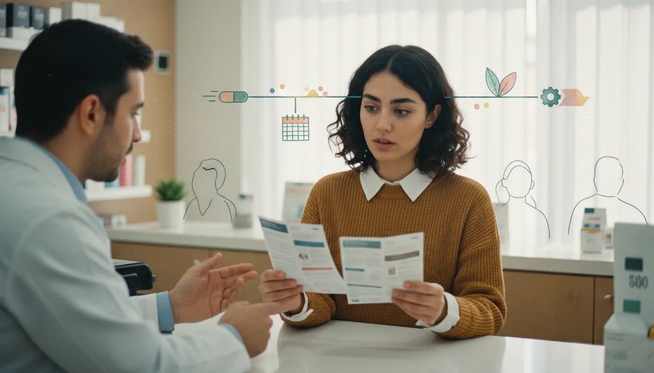 Two ADHD medication leaflets laid flat on a wooden desk, one stimulant and one non-stimulant, with a pen and a list of written questions nearby.