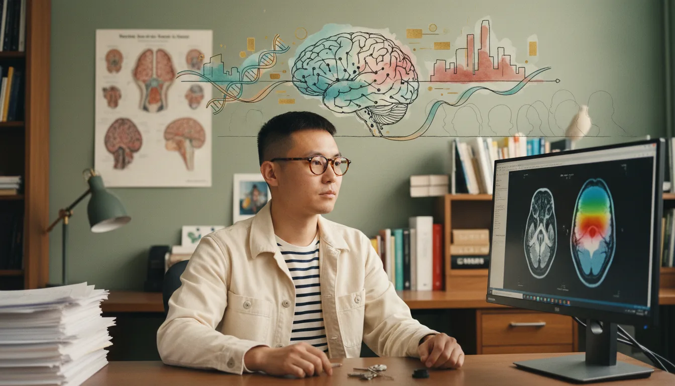 Researcher reviewing MRI slices of the prefrontal cortex on a lab monitor, highlighting group-level differences seen in ADHD imaging studies.
