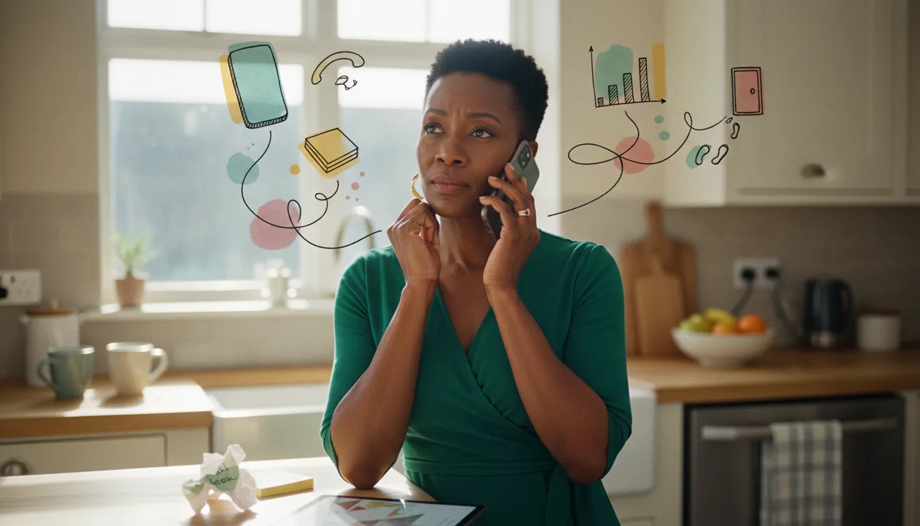 Adult reviewing printed ADHD screening results at a kitchen table while calling a doctors office to book a follow-up evaluation.