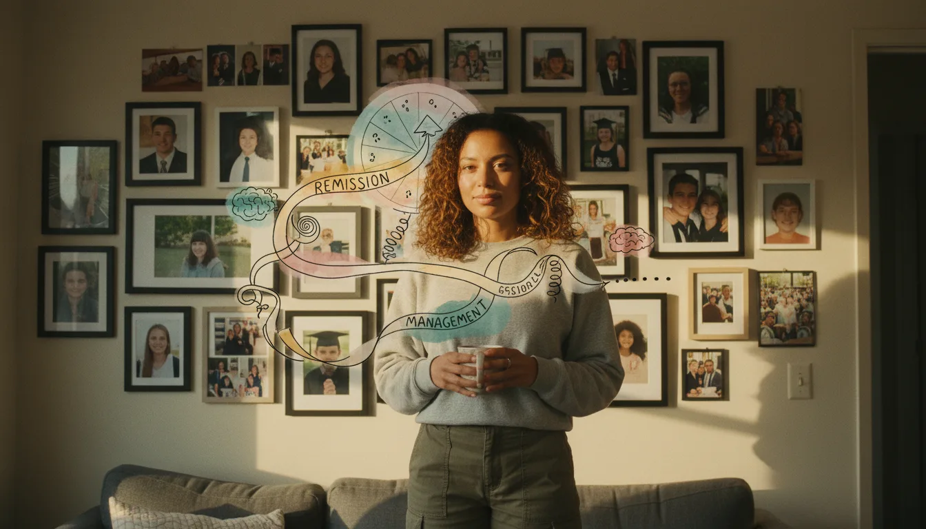 Can ADHD go away? Life-stage photos on a living room wall.