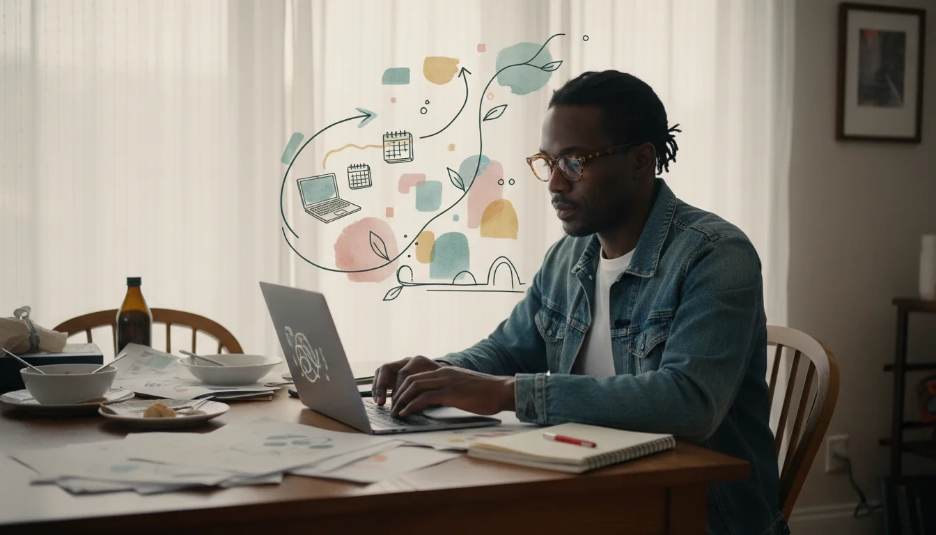 Pandemic ADHD: working at a dining table turned home desk.