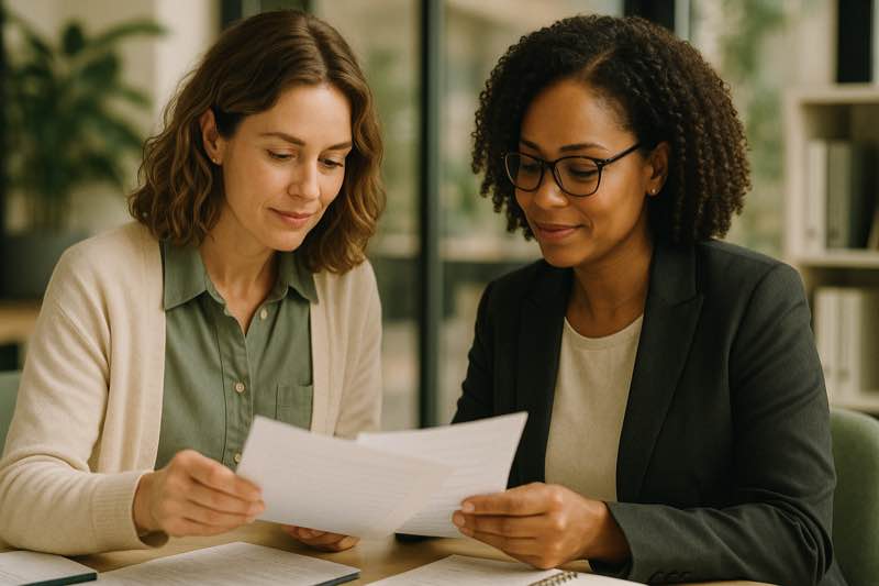 Diagnostic Review Two women reviewing medical notes during ADHD assessment