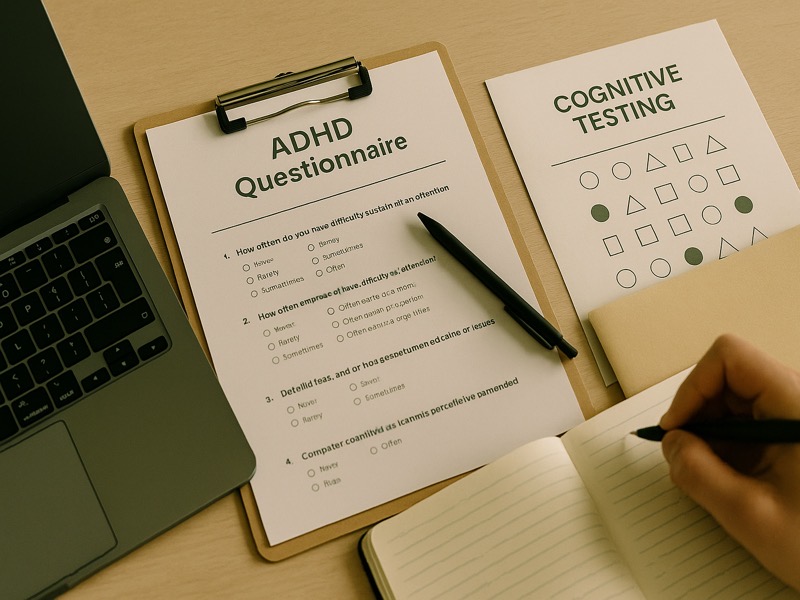 ADHD Assessment Tools ADHD questionnaire and standardized cognitive testing forms placed on wooden desk beside laptop and pen
