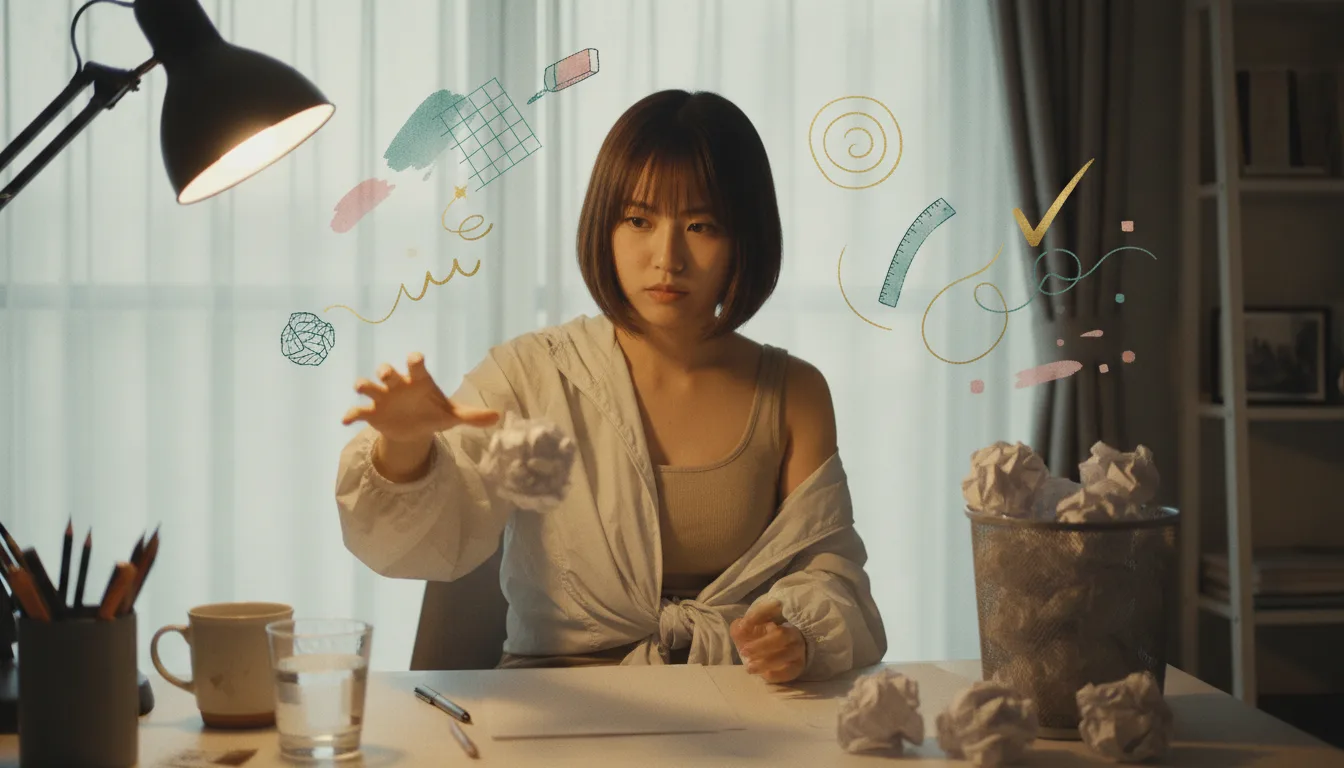 ADHD perfectionism: crumpling a draft into a full wastebasket.