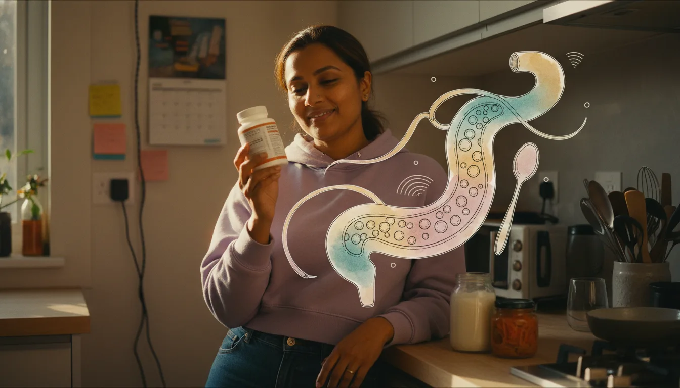 ADHD probiotics: reading a supplement label beside yogurt.