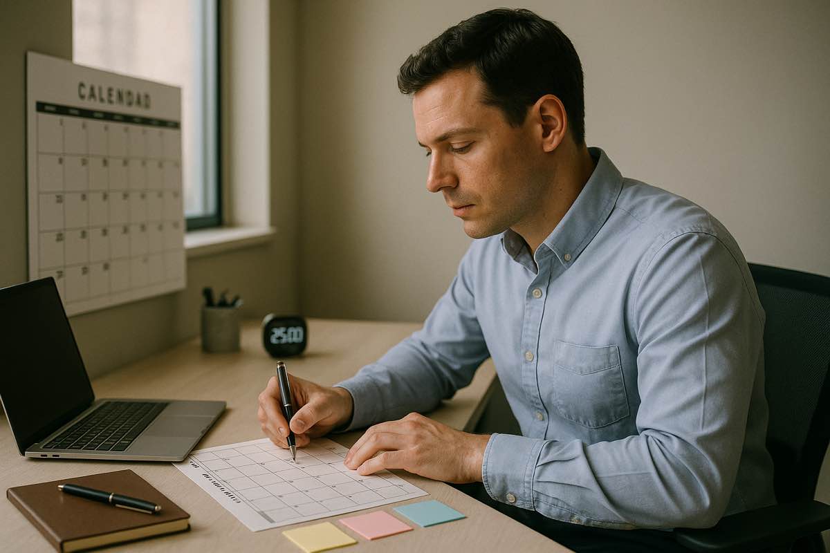Young adult taking ADHD assessment test on laptop in calm, organized home office setting with natural lighting and notebook for professional evaluation preparation