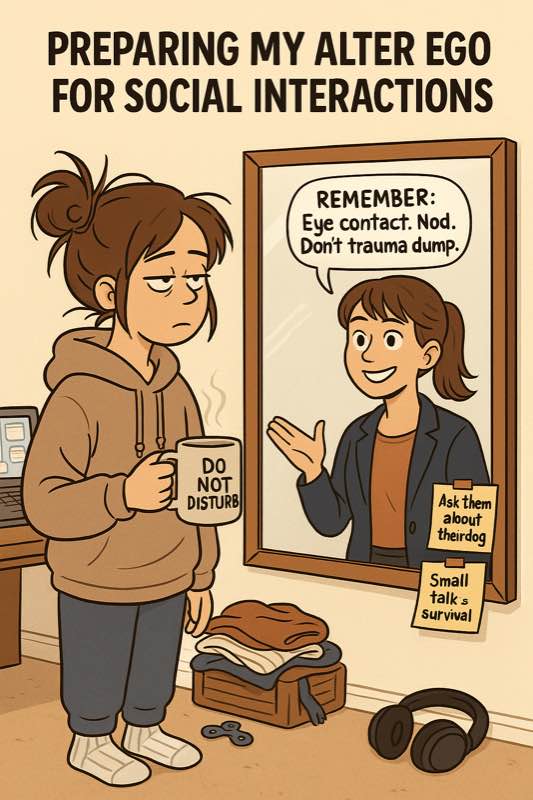 Social Effort Cartoon showing mental preparation for social interaction with ADHD reminders