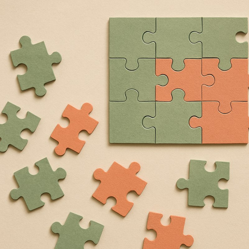 ADHD Management as a Puzzle – Building Effective Strategies Green and orange puzzle pieces fitting together on table symbolizing ADHD management strategies connection