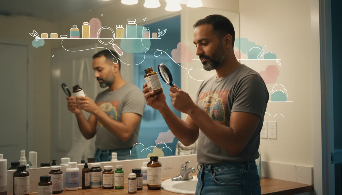 ADHD supplements: examining a label with a magnifying glass.